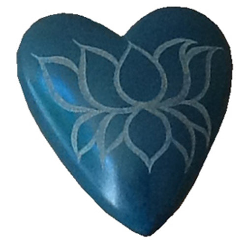 <center>Teal Soapstone Heart-Etched Lotus</br>Small -1 1/8'' high x 1 1/8'' wide x 1 1/4'' deep</br>Medium -2 3/4'' high x 2 5/8'' wide x 1 1/2'' deep</br>Large -3 3/4'' high x 3 3/8'' wide x 1 1/2'' deep</br>Crafted by Artisans in Haiti</center>