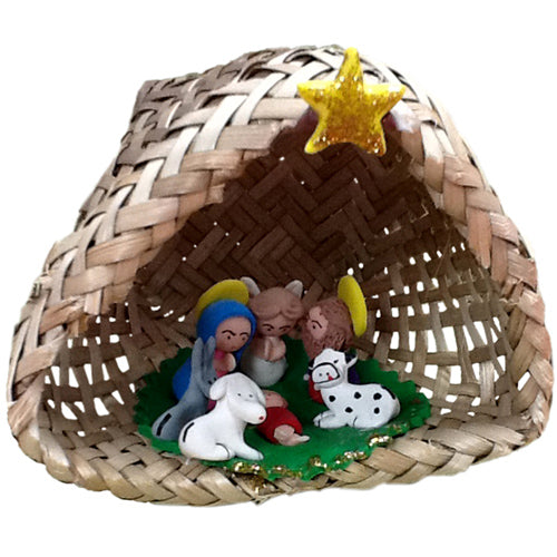 <center>Basket Nativity with Marzipan Figurines<br>handmade in Ecuador by artisans at Camari<br/>Basket Measures 3 1/2" tall x 4" wide x 3 1/2" diameter, each piece is slightly different<center/>