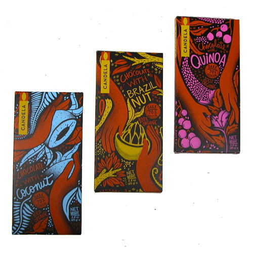 <center>Certified Organic, Vegan and Fair Trade Chocolate Bars - 70% Dark Chocolate </br>70 gr. bars (2.5 oz.) Brazil Nut, Quinoa, and Coconut </center>