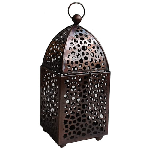 <center>Bronze Colored Honycomded Lantern </br>Crafted by Artisans in India </br>Measures 10 1/2” high x 4” wide x 4” deep</center>