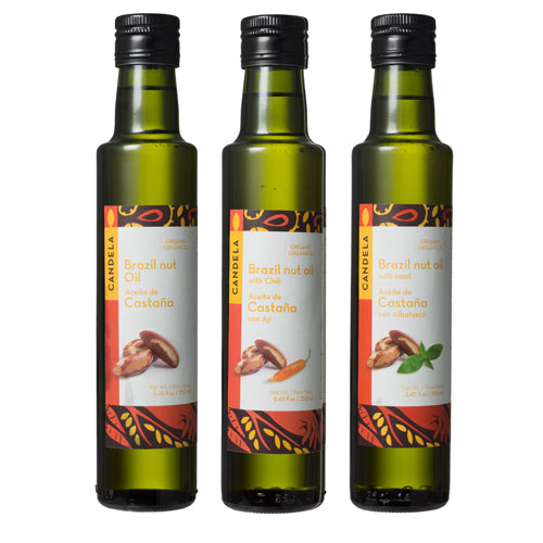 <center>USDA Certified Organic Brazil Nut Oils: Original, Basil, and Chili</br>Available in 8.45 fl oz. bottles</br>Certified Fair Trade in Peru</center>