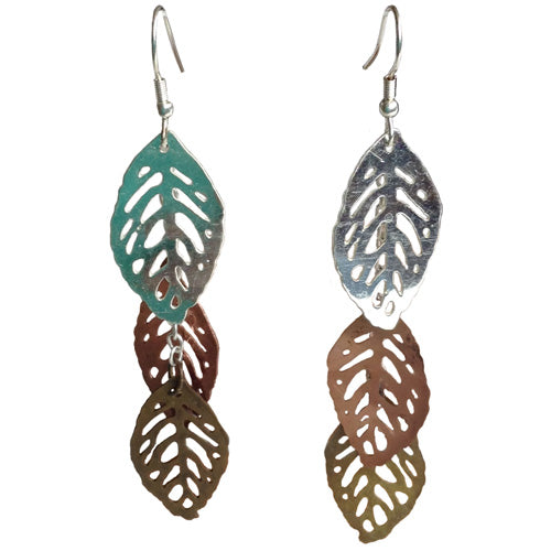<center>Silver, Copper and Gold Cut Out Earrings</br>Crafted by Artisans in India</br>Measure 3” long x 1 5/8” wide, with silver hooks</center>