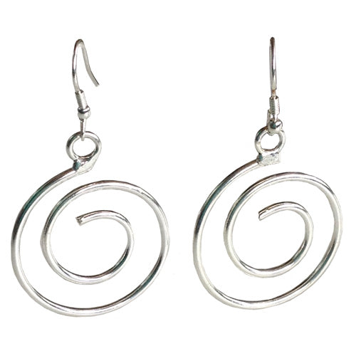 <center>Silver Spiral Earrings</br>Crafted by Artisans in India</br>Measure 1 7/8” long x 1” wide, with silver hooks</center>