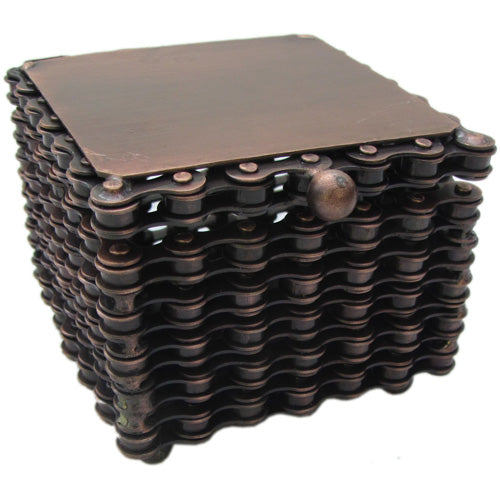 <center>Square Box made from Recycled Bicycle Chain</br>dimensions 3-3/8" wide x 2-3/4" high </center>