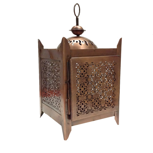 <center>Bronze Colored  Lantern Crafted by Artisans in India<br/>Measures 9" high x 5" wide x 5" deep </center>