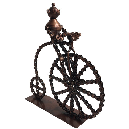 <center> Junkyard Bicyclist Crafted by Artisans in India - Angle View </br>Measures 12" high x 10 long 1/2" x 3-1/2" wide</center>