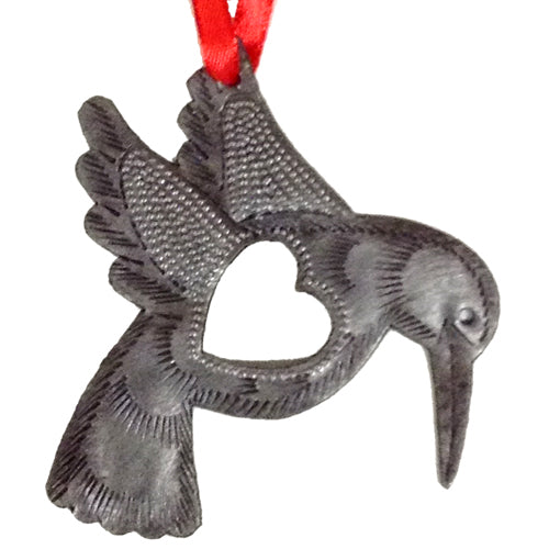 <center>Upcycled Metal Hummingbird Ornament</br>Measures - 3-1/2" high x 3-1/8" wide<br/>Handmade from Metal Drums in Haiti</center>