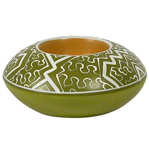 <center>Green Shipibo Tea Light Holder crafted by Artisans in Peru </br> Measures 2” high x 4-3/4” diameter</center>