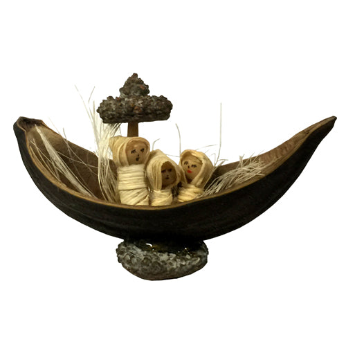 <center>  Nativity in a Large Seed Pod with a Eucalyptus Pod Used for the Base and the Sail - Made by Artisans in Ecuador <center>
