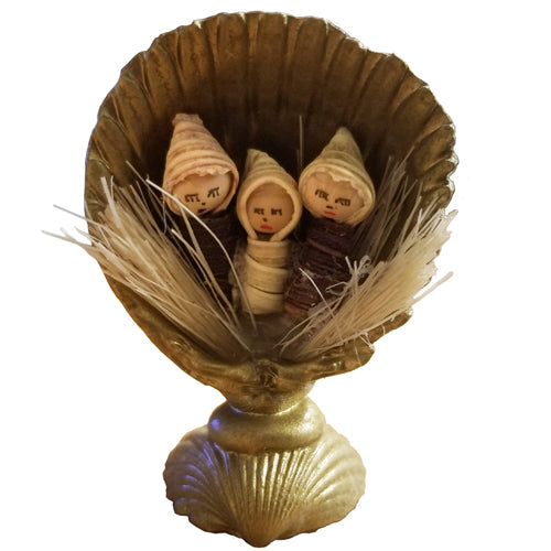 <center>  Nativity in a Seashell with a Eucalyptus Pod Used for the Base <br>Made by Artisans in Ecuador <center>