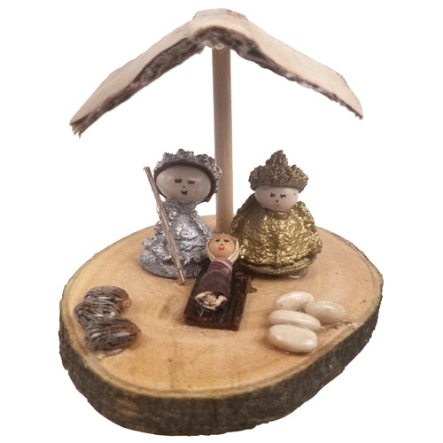 <center>Mary and Joseph are made of Eucalyptus pods and standing on a natural wood base. Their Heads are made from white beans.<br>Handmade by Artisans in Ecuador </center>