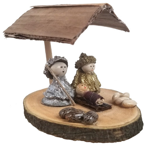 <center>Mary and Joseph are made of Eucalyptus pods and standing on a natural wood base. Their Heads are made from white beans.<br>Handmade by Artisans in Ecuador </center>