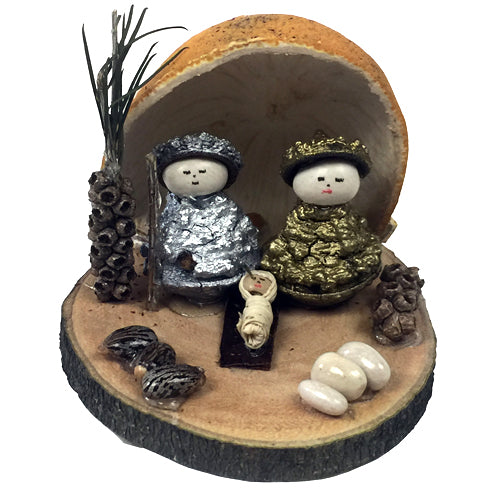 <center>Mary and Joseph are made of Eucalyptus pods and standing on a natural wood base with an Orange Peel background.<br>Their Heads are made from white beans. - Handmade by Artisans in Ecuador </center>