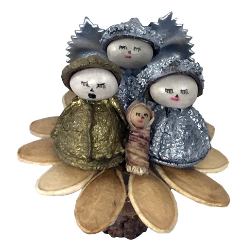 <center>Mary, Joseph and the Angel are made of Eucalyptus pods and standing on a base of Pumpkin Seeds. Their heads are made from white beans.<br> Handmade by Artisans in Ecuador </center>