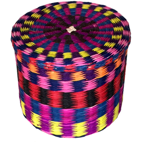 <center>Round Rainbow Box Woven from Toquilla Fiber with Top On</br>Measures 3-1/4" high x 3-3/4" diameter</center>