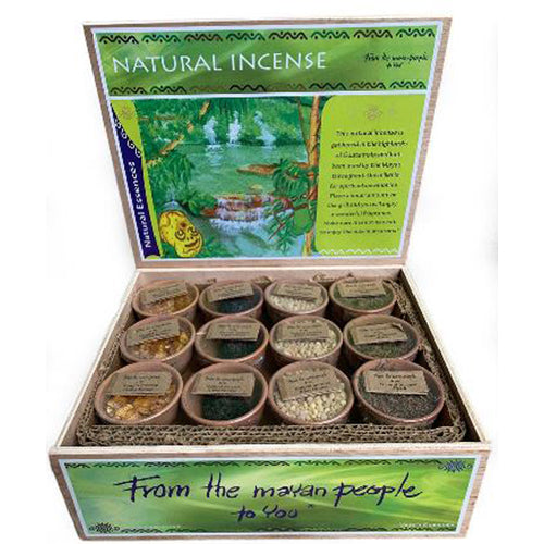 <center>Natural Mayan Incense in Clay Pots</br>24 Pots per box - 6 of each type</br>Produced in Guatemala and Fair Trade Imported</center>