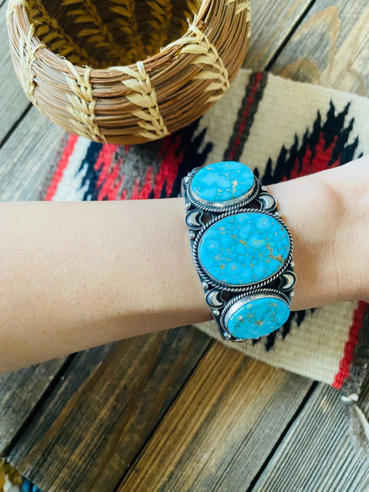 Navajo Kingman Web Turquoise & Sterling Silver Cuff Bracelet By Derrick Gordon