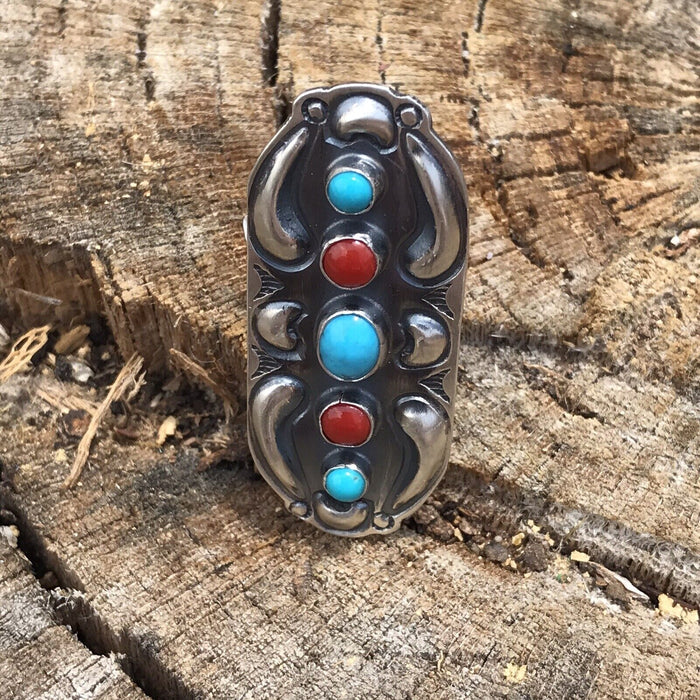 Navajo Sterling Silver Turquoise Coral 5 Stone Ring - Culture Kraze Marketplace.com