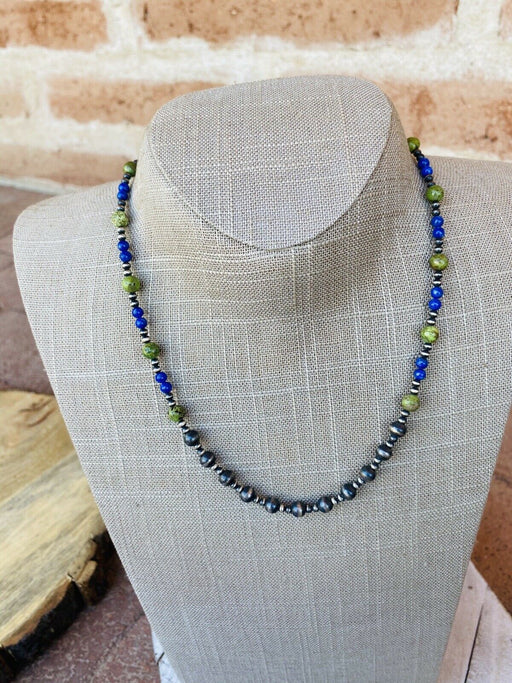 Navajo Lapis, Gaspeite And Sterling Silver Navajo Pearl Beaded Necklace - Culture Kraze Marketplace.com