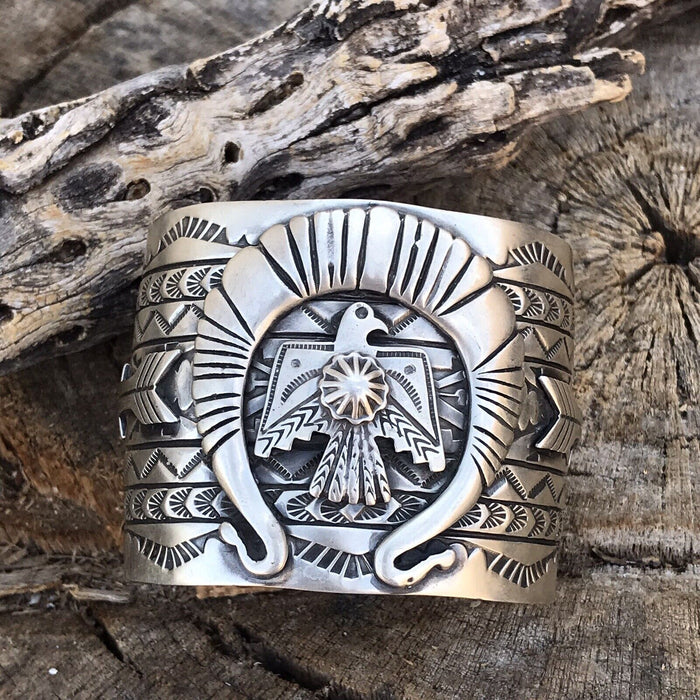 Sterling Silver Navajo Stamped Thunderbird Cuff Made By Rick Enrique