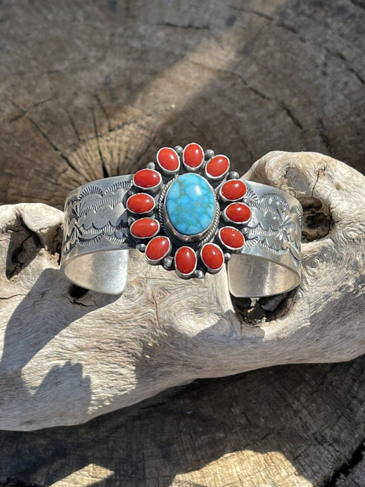 Navajo Sterling Kingman Web Turquoise & Red Coral Taos Bracelet Cuff