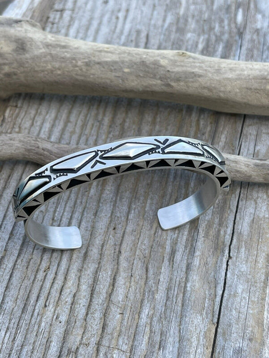 Leander Tahe Hand Stamped Sterling Navajo Bracelet Signed