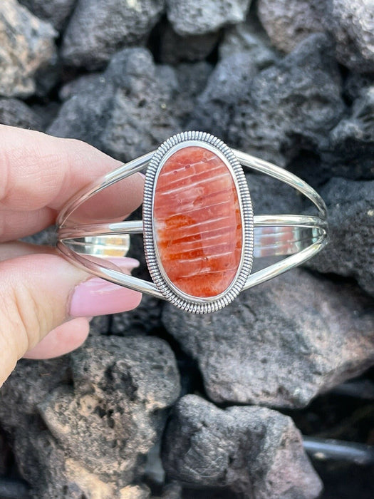 Navajo Orange Spiny Sterling Silver  Cuff Bracelet Stamped Wydell Billie