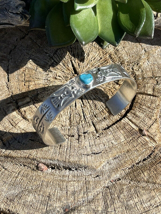 Sterling Silver Navajo Stamped Turquoise Thunderbird Cuff W.Begay