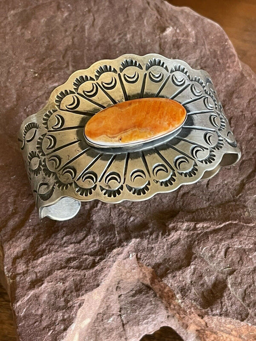 Navajo Orange Spiny & Sterling Silver Concho Cuff Bracelet Chimney Butte Signed