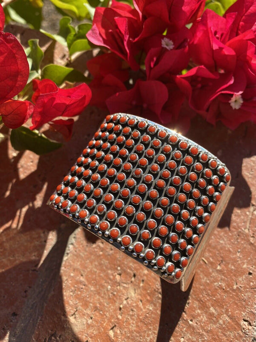 Navajo Natural Coral & Sterling Silver Cuff Bracelet By Paul Livingston