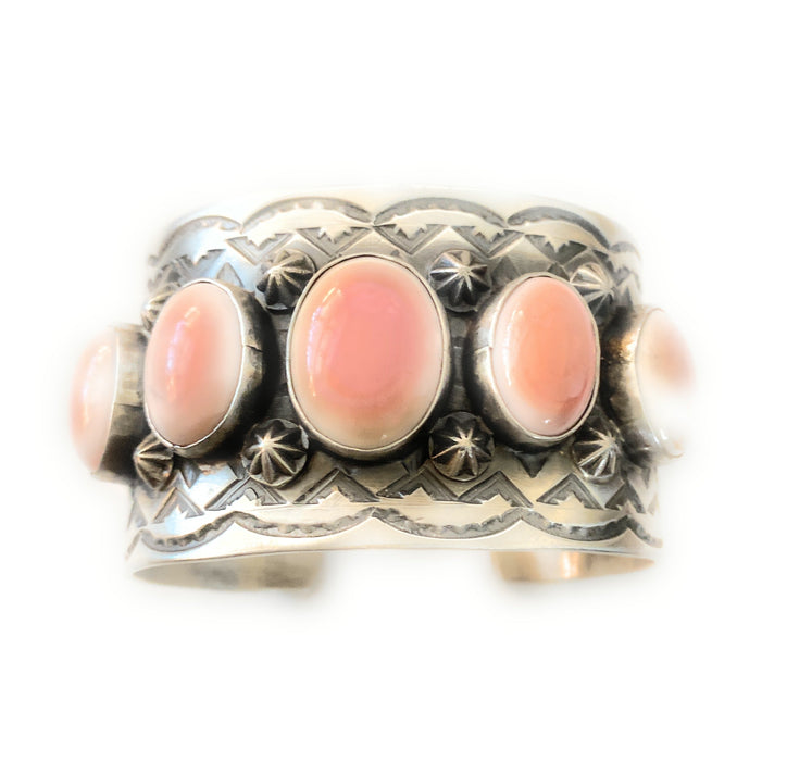 Navajo Queen Pink Conch Shell & Sterling Silver Cuff Bracelet Signed