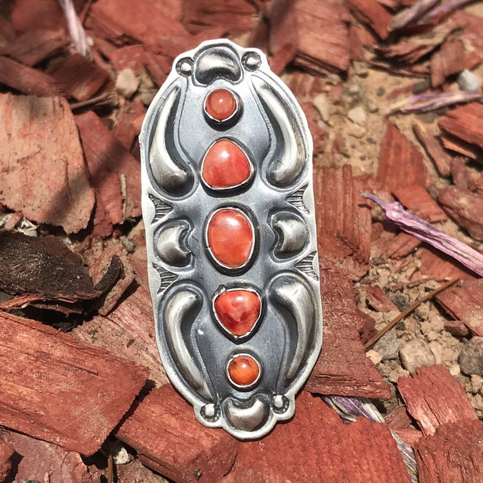 Navajo Sterling Silver Orange Spiny Oyster 5 Stone Ring - Culture Kraze Marketplace.com