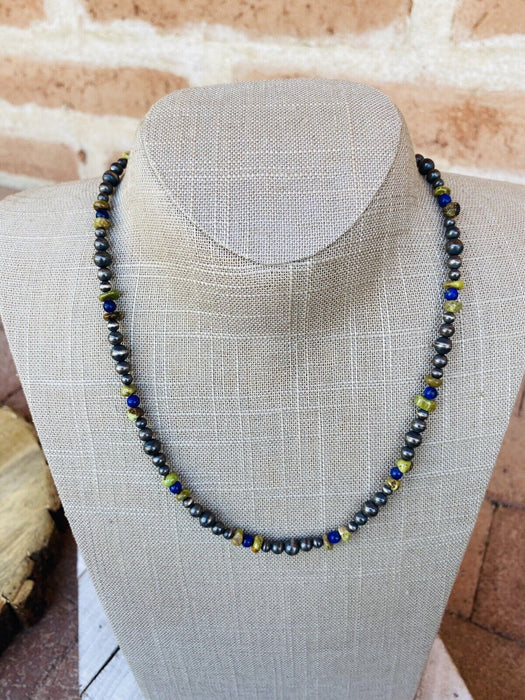 Navajo Lapis, Gaspeite And Sterling Silver Navajo Pearl Beaded Necklace - Culture Kraze Marketplace.com