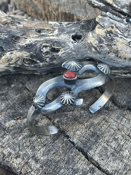 Navajo Natural Red Coral Sterling Silver Cuff By Artist Chimney Butte