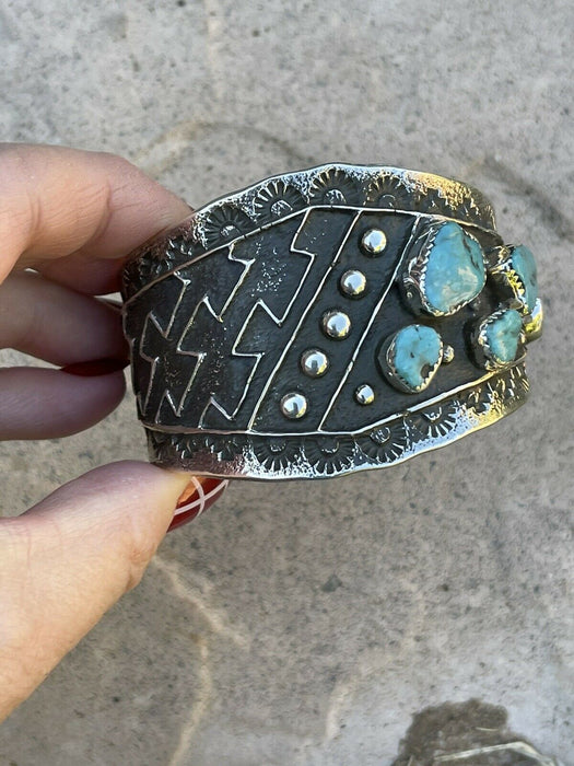 Navajo Turquoise & Sterling Silver Tufa Cast Tribal Cuff Signed Delbert Arviso