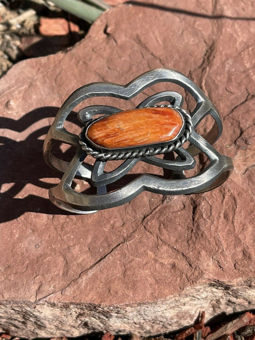 Navajo Orange Spiny & Sterling Silver Cuff Bracelet By Chimney Butte Signed