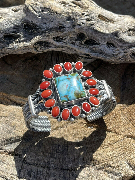 Navajo Sterling Kingman Web Turquoise & Red Coral Taos Bracelet Cuff B. Johnson