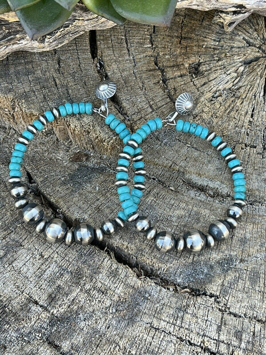 Navajo Sterling Silver Turquoise Stone Post Hoop Earrings - Culture Kraze Marketplace.com