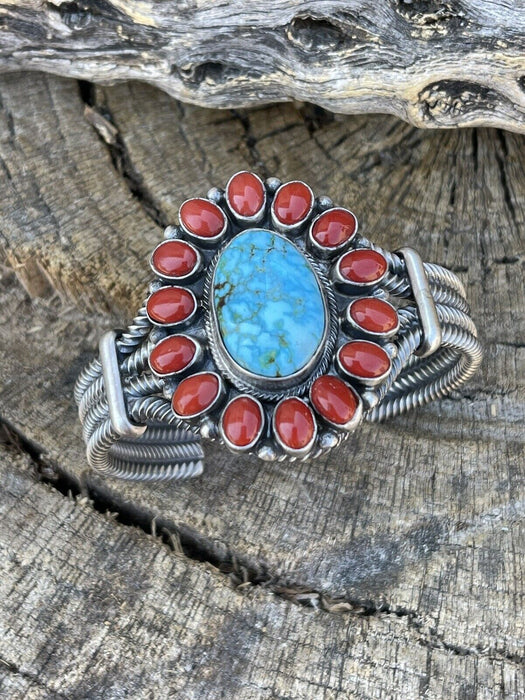 Navajo Sterling Kingman Web Turquoise & Red Coral Taos Bracelet Cuff B. Johnson