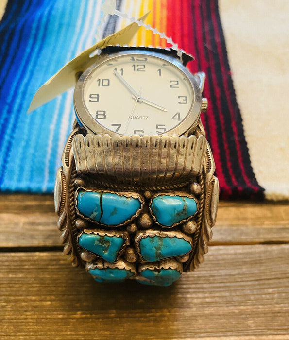 Vintage Navajo Turquoise & Sterling Silver Jumbo Watch Cuff Signed