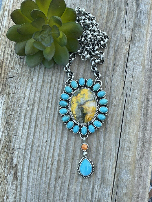 Navajo Bumblebee , Spiny & Turquoise Sterling Drop Cluster Necklace Signed