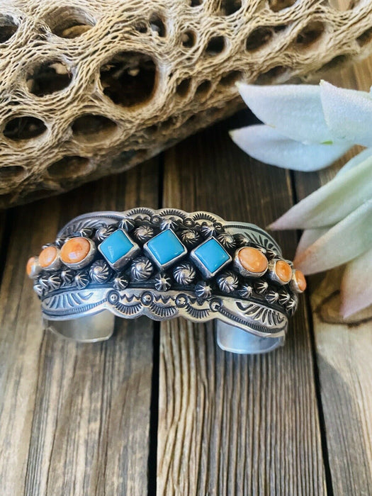 Navajo Orange Spiny, Turquoise & Sterling Silver Cuff Bracelet By Darryl Becenti