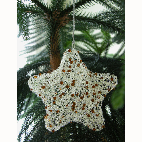 <center>Silver Wire Star Christmas Ornament w/ Brown Beads</br>Mearsures: 6" high x 6" wide</center>