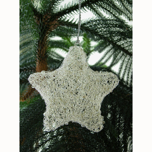 <center>Silver Wire Star Christmas Ornament w/ Clear Beads</br>Mearsures: 6" high x 6" wide</center>