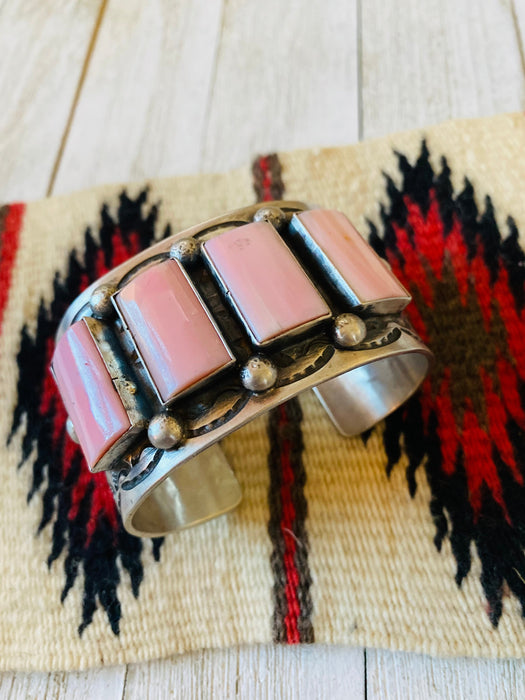 Navajo Queen Pink Conch Shell & Sterling Silver Cuff Bracelet Signed