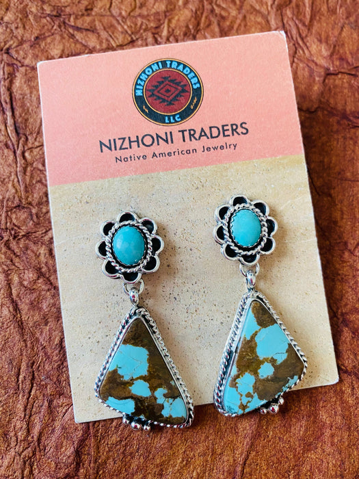 Navajo Number 8 Turquoise & Sterling Silver Flower Dangle Earrings - Culture Kraze Marketplace.com