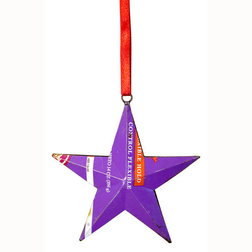 <center>Star Christmas Ornaments made from Upcycled Metal</br>Assorted Colors - Measures: 4-1/2" high x 4-1/2" wide<br/>Handmade in India</center>