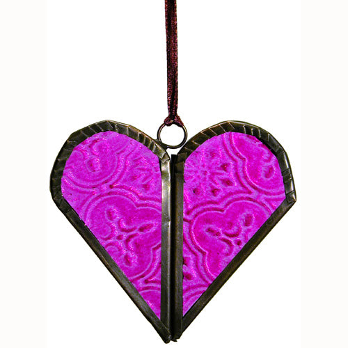 <center>Hinged Metal and Glass Heart Christmas Ornaments - Pink</br>Measures: 3" high x 3" wide</center>