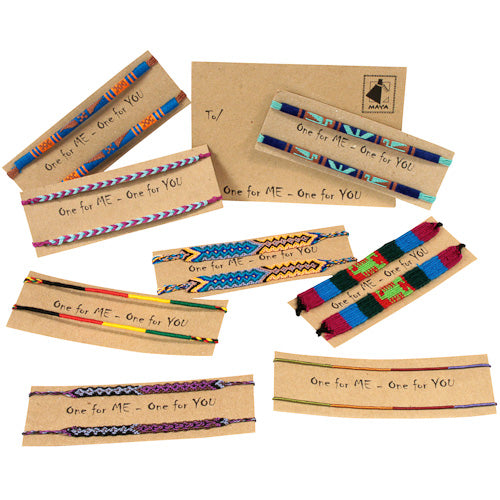 <center>Assorted Mayan Friendship Bracelets crafted by Artisans in Guatemala </br>Each Card Measures 4-1/4” high x 6” wide, with two 11” bracelets</center>