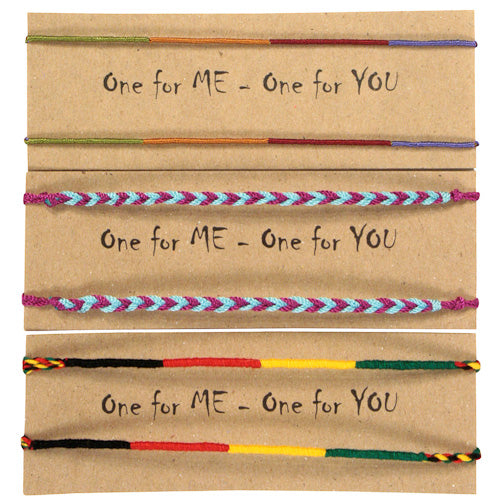 <center>Assorted Mayan Friendship Bracelets crafted by Artisans in Guatemala </br>Each Card Measures 4-1/4” high x 6” wide, with two 11” bracelets</center>